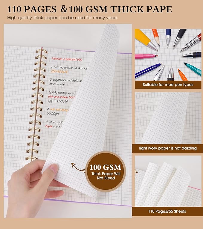 Graph Paper Notebook, Spiral Notebook Journal 8.5” x 11”, A4 Large Grid Notebooks for Women Men, 100 GSM Graph Paper, Plastic Hardcover Spiral Graphing Journals for Work School Engineerin, Purple