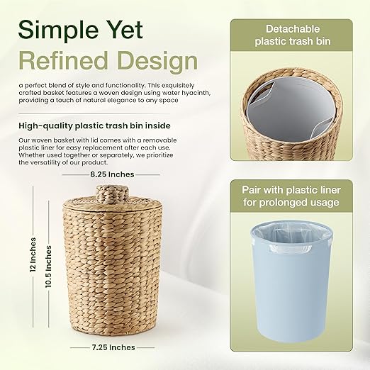 Tidita 2 Gallons Wicker Waste Basket - Water Hyacinth Bathroom Garbage Can with a Lid - Bathroom Trash Can Boho Style - Wicker Trash Can with Lid for Household, Kitchen - Removable Liner, Iron Frame