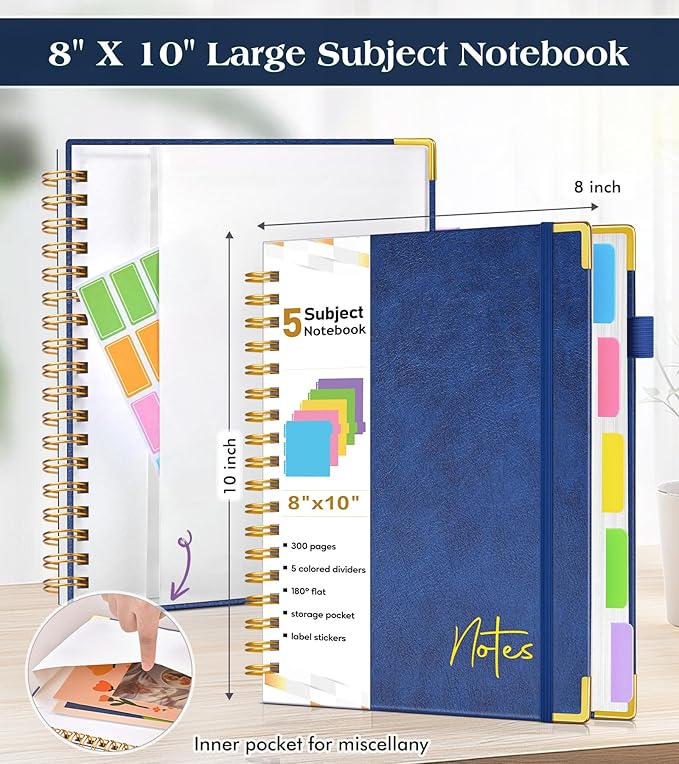 Spiral Notebook Journal with Removable Dividers Tabs, 300 Pages Hardcover Leather 5 Subject College Ruled Notebook, 8"x10" Large B5 Lined Journal for Women Men, Spiral Notebooks for Work School, Navy