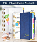 Spiral Notebook Journal with Removable Dividers Tabs, 300 Pages Hardcover Leather 5 Subject College Ruled Notebook, 8"x10" Large B5 Lined Journal for Women Men, Spiral Notebooks for Work School, Navy