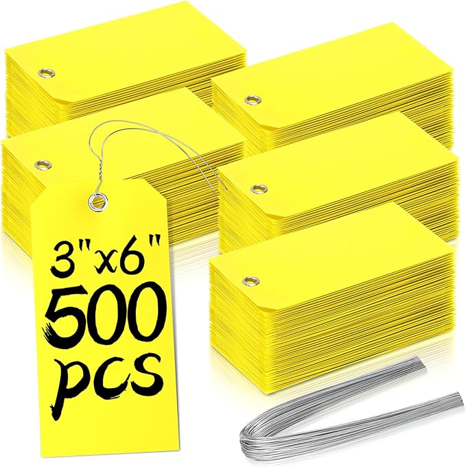 500 Pieces Plastic Shipping Tags with Wire Waterproof Hang Tags Heavy Duty Labeling Tags with String Wires Tags Labels Labeling Tags Stacking Tags for Equipment Car Parts (Yellow, 3x6)