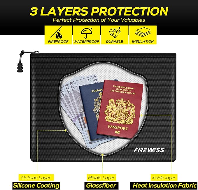 Fireproof Document Bag -2 Pack 13.4"x10" and 11"x6" Non-itchy Fireproof Money Bag, Waterproof Zipper holder for Valuables, Fire & Water Resistant Safe Pouch for File,Cash,Passport,Keys