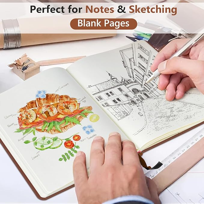 PERCUN Blank Journal Ntebook for Men & Women, 160 Pages Blank Journals for Writing, Drawing,Sketch Book,5.9" x 8.5" Leather Sketchbook, Unlined Notebook for Work, School, Art (Brown)