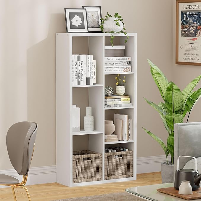 Jpiziso 7 Cube Storage Organizer, Cube Shelf with Heavy-Duty Thick Boards, 25.12" L x 9.37" W x 48.74" H, Smooth Easy-Clean Panels, Simple Assembly, for Living Room Bedroom Office, White