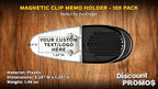 100 Magnetic Memo Holders Set - Customizable Text, Logo - Large Clip, Plastic - Clear