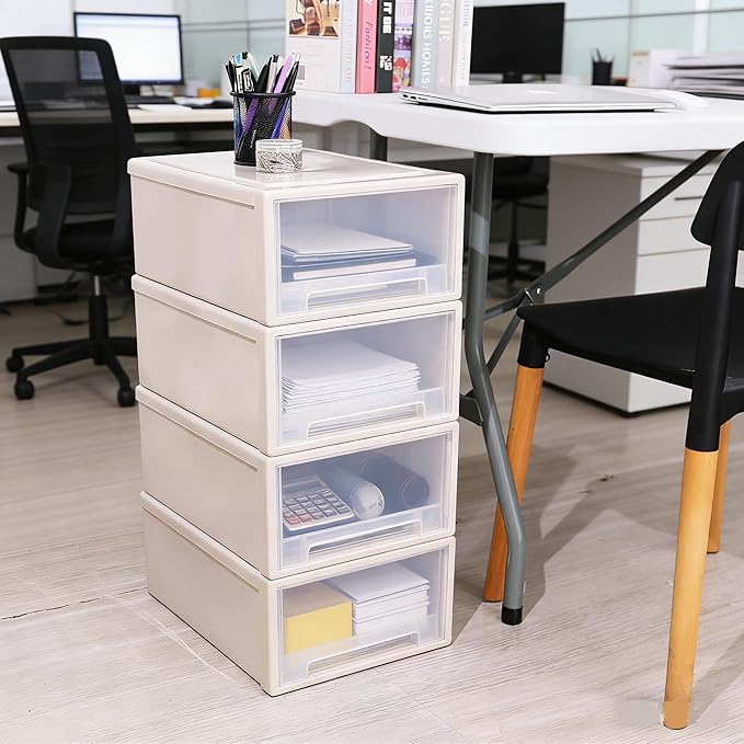 Buyitt 4-Pack 19 Quart Stacking Drawer, Clear Storage Closet Organizer, Yellow Frame, Stackable Modular Plastic Drawers for Clothes, Accessories, Craft Supplies, Shoes or Linens