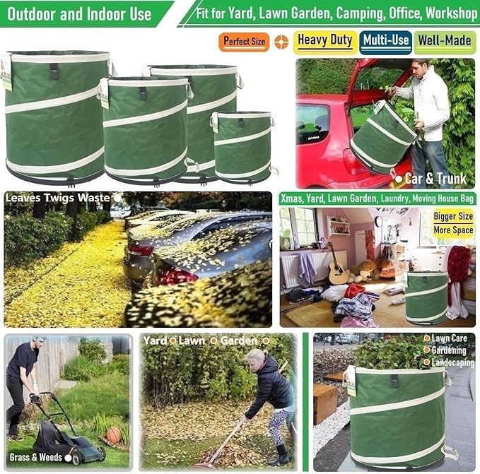 32-Gallon Collapsible Trash Can (19x25 in) Hard-Shell Bottom Leaf Bag,Yard Waste Bag,Garden Debris Container,Pop-Up Recycling Bin,RV Camping Waste Bin,Laundry Hamper,Lawn Grass Clippings,Weeds Basket