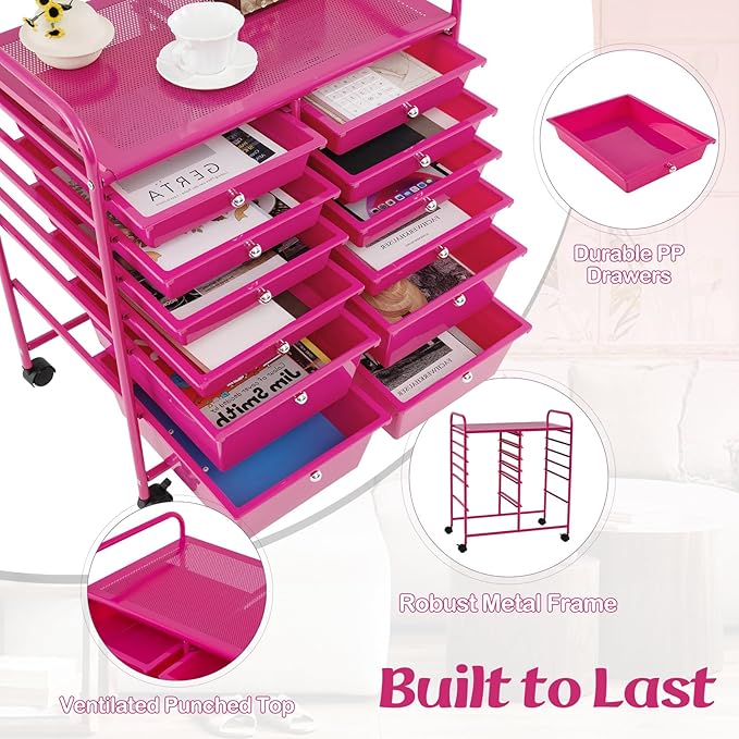 Happygrill 12-Drawer Rolling Storage Cart, Multipurpose Storage Cart W/Lockable Wheels, 2 Sizes Plastic Drawers & Metal Shelf, Mobile Utility Cart for Home Office School (Hot Pink)