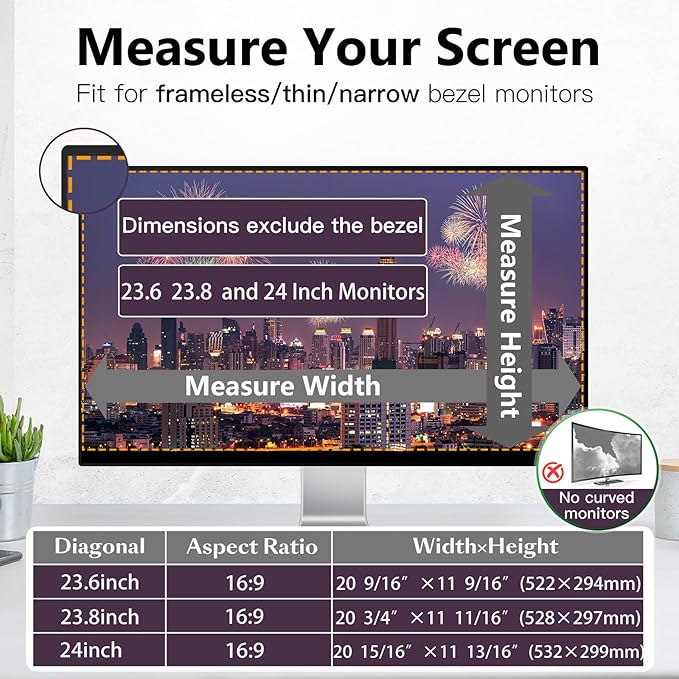 JEEETINTX Magnetic Computer Privacy Screen Filter 24 Inch for Frameless Monitor Thin Bezel 16:9 Widescreen, Hanging Removable Anti Glare Blue Light Privacy Shield Protector Eye Protection