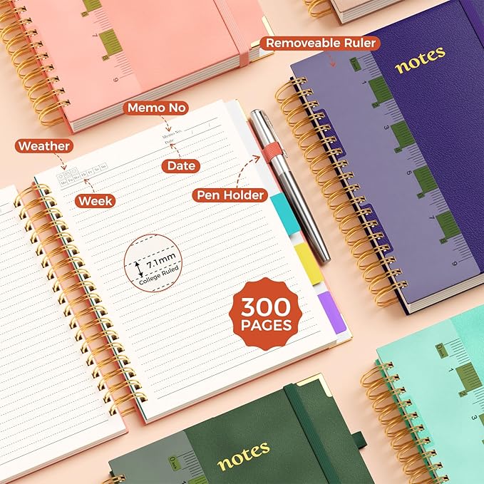 XYark Line Hardcover Spiral Notebook with Removable Dividers Tabs & Ruler, 5 Subject Notebook College Ruled, 300 Page, Large 8"x10" B5 Notebooks for Work School, Lined Journal for Women & Men, Pink
