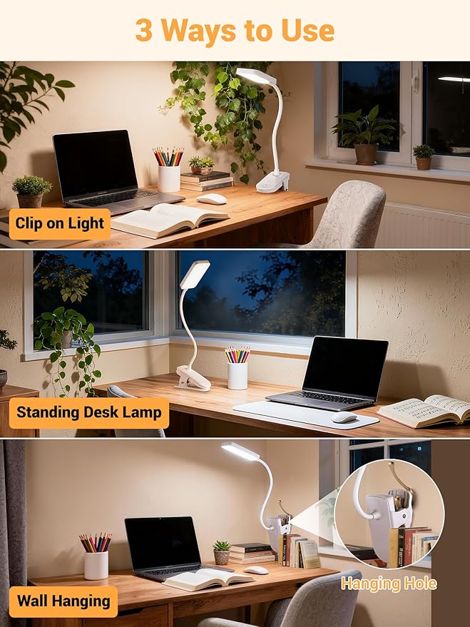 ReinHoo Clip on Lamp,9 Brightness+5 Color Clamp Light,4000mAh Battery Rechargeable Desk Lamp with Clamp,450 Lumen 48 LED Desk Light,Cordless Clip on Reading Lights for Bed/Headboard/Bedside Table