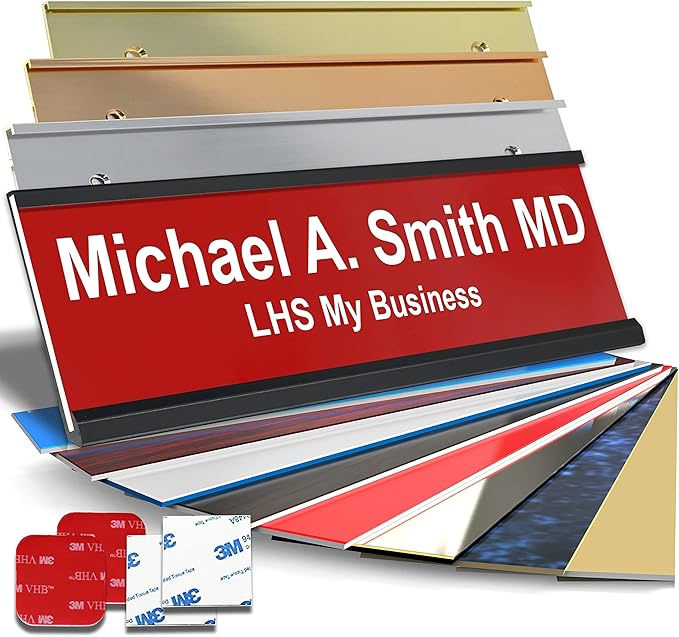 Custom Name Plate with Choice of Mounting for Walls, Doors, Cubicles, Hanging and More - Personalized Red Plastic White Letters - USA Made 2x10 - B7