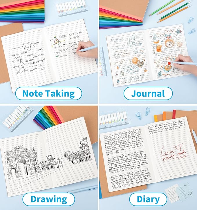 12 Pack Lined Notebook Journals Bulk, 7-1/2" x 9-3/4", Wide Ruled Paper, 30 Sheets/60 Pages, Kraft Cover with Rainbow Spines, 12 Colors Lined Composition Notebook Journal for Work Study Note Taking