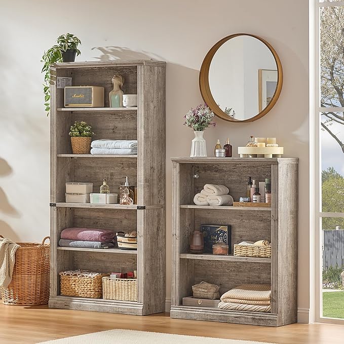 RWYHG 70" Grey Tall Bookshelf Set of 4,5-Tier Thick Wooden Book Shelf with Adjustable Shelves,Free Standing Farmhouse Bookcase with Open Display Storage,Floor Vintage Bookshelves for Living Room