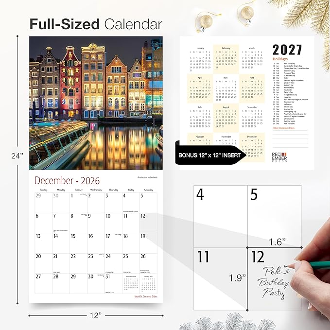 RED EMBER World's Greatest Cities 2026 Wall Calendar 12 Month | 12" x 24" Open | Thick & Sturdy Paper | Holiday Gift | Travel Calendar 2026