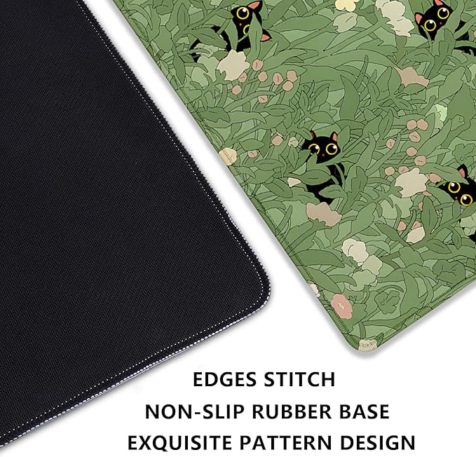 Cute Cats Desk Pad Mouse Pad,Sage Green Plants Flowers Floral Mouse Mat Large,Stitched Edges Non-Slip Waterproof Rubber Base Mous Mat for Office Home Work Gaming(27.5X11.8 in)