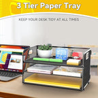 MINDEPOT 3-Tier Paper Letter Organizer Tray with Handle, Mesh Desk File Organizer for Office, Home, School - 2 Pack, Black