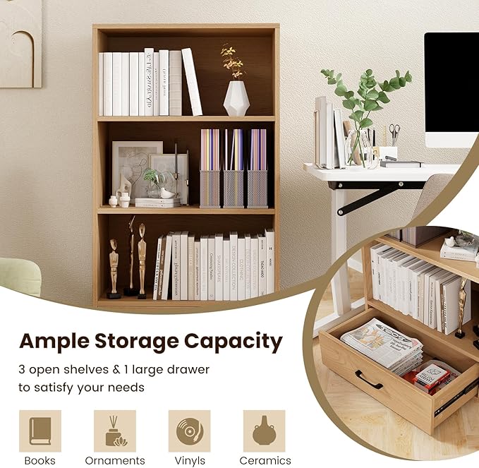 LOKO 4-Tier Bookcase with Storage Drawer, Modern Organizer Display Storage Shelves with Anti-toppling Device, Freestanding Bookshelf w/ 3 Open Shelves & 1 Drawer, Living Room, Study, Office (Natural)