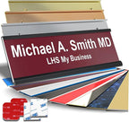 Personalized Name Plate with Choice of Mounting Holders for Walls, Doors, Cubicles, Hanging and More - Custom Burgandy Plastic White Letters - USA Made 2x12 - B26