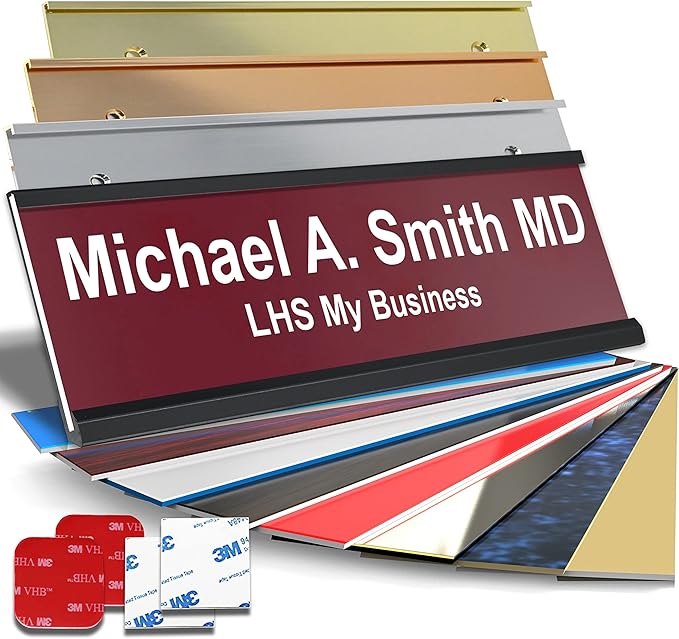 Personalized Name Plate with Choice of Mounting Holders for Walls, Doors, Cubicles, Hanging and More - Custom Burgandy Plastic White Letters - USA Made 2x12 - B26