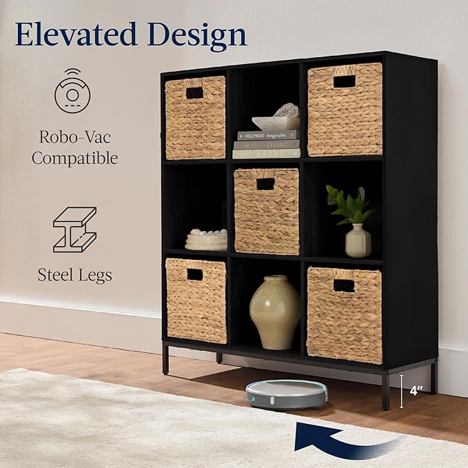 Best Choice Products 9-Cube Bookshelf, 3-Tier Wood Storage Bookcase W/Legs, 11in Shelf Opening, Cube Organizer, Living Room, Office, Nursery – Black
