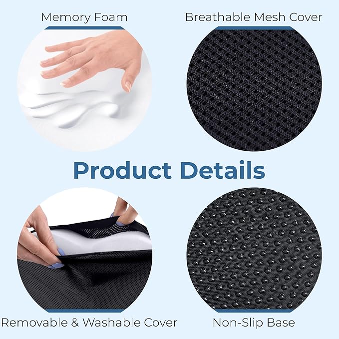 Seat Cushion for Office Chairs - Tailbone, Coccyx Pain Relief - Butt, Pressure & Sciatica Relief - Gaming, Wheelchair, Car & Desk Pillow, Black