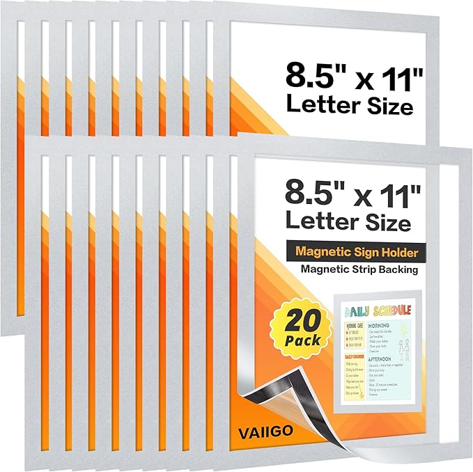 VAIIGO 20Packs Magnetic Sign Holder 8.5x11 for Fridge & Metal Surfaces - Magnetic Frames with File/Paper/Document Holder - Photos/Pictures/Posters Frame for Commercial Offices/Stores (Silver)