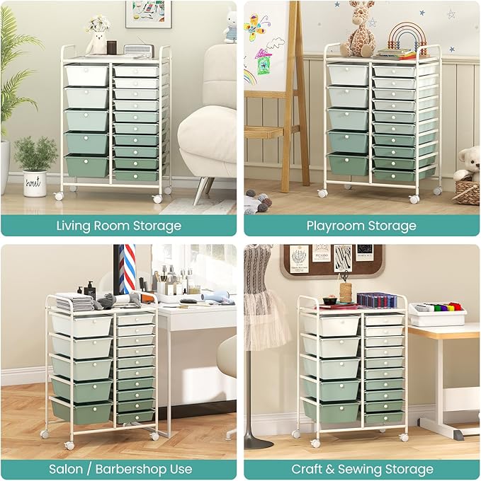 LDAILY 15 Drawer Rolling Storage Cart, Rolling Cart with Drawers for Classroom, Art Supply Craft Organizer on Wheel with Metal Frame & Handles for Home Office School (Gradient Green, 15 Drawer)