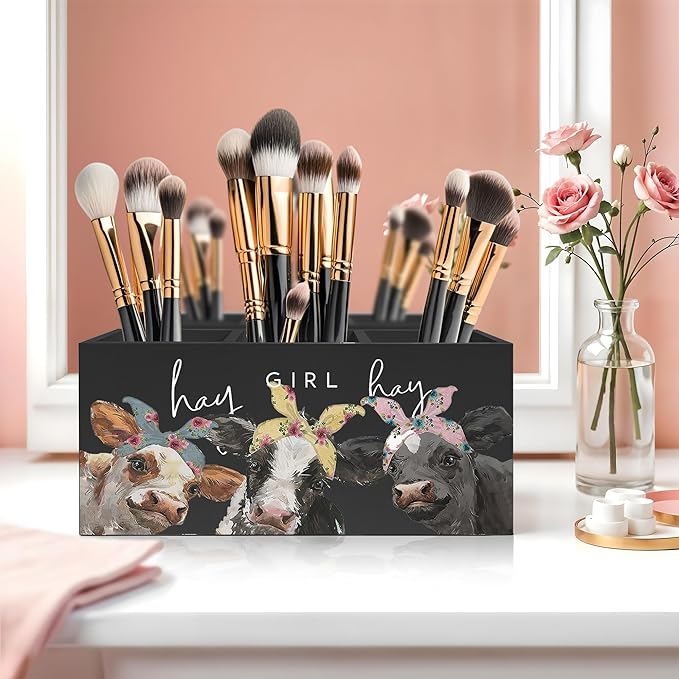 Exqcom Hay Girl Hay Cow Makeup Brush Toothbrush Holder, Pen Pencil Holder, Organizer for Bathroom Vanity Dorm, Cow Lover Gifts for Home Office Dorm Desk Accessories