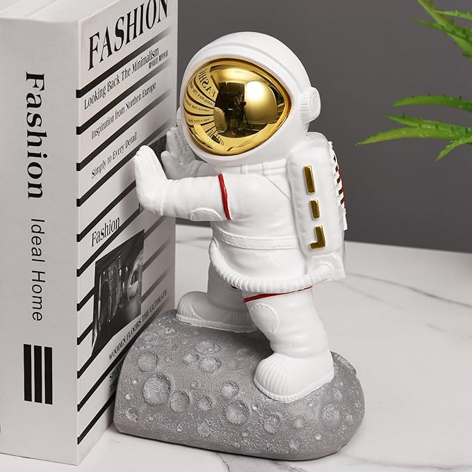 Kakizzy Space Decor Bookends, Resin Astronaut Bookshelf Ends for Kids Rooms Gold Book Ends for Heavy Books Fun Heavy Duty Book End Holder Astronaut Figurine Statue for Office Home Room(D-Gold)
