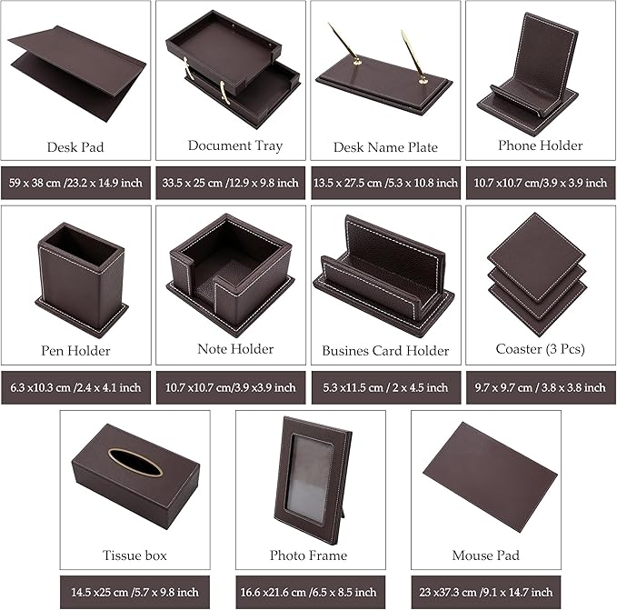 RitPin Desk Set, 11-Piece All-in-One – Executive Desk Accessories & Office Supplies, Leather Desk Organizer with Desk Pad & Blotter, 2-Tier Letter Tray, Luxury Office Desk Decor & Boss Gifts (Brown)