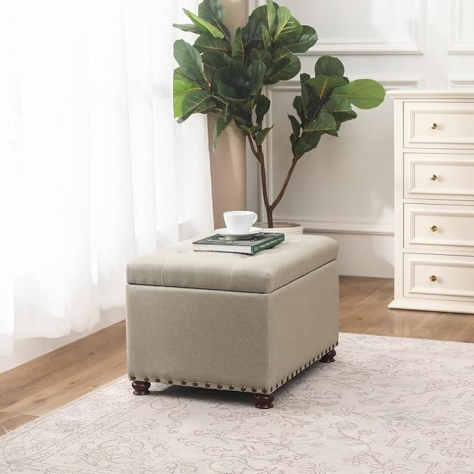Decent Home 24" Storage Ottoman, Fabric Ottoman Foot Rest Stool with Hinged Lid, Tufted Rectangle Upholstered Footstool, Load up to 350 lb, for Living Room, Bedroom, Dorm, Beige, Bronze Rivets