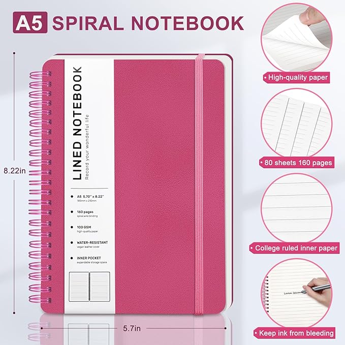 ABERLLS Deeppink Lined Spiral Journal Notebook, 160 Pages, 85.7in A5, for Work, School, Women, Men - College Ruled, Hardcover Leather Journal
