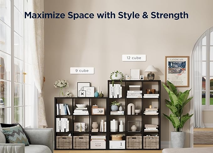 Jpiziso 16-Cube Storage Organizer Bookcase, Thick Frame Wood Grain Storage Shelf, Rectangular Cube Open Back Display Unit, 48.8x9.4x48.8 Inches for Living Room, Bedroom, Home Office, Embossed Black