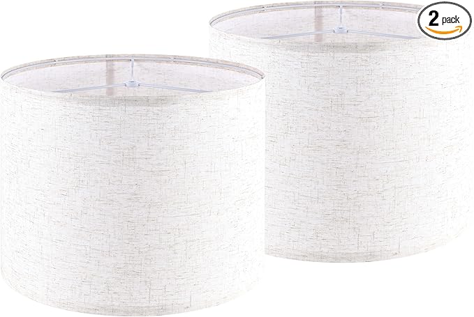 Oatmeal linen Textured Lamp Shades Set of 2 Medium Drum Lampshade 14``Top x 14``Bottom x 11``High(Spider) Farmhouse Lampshade for Table Lamp & Bedside Lamp - Replacement Lampshade