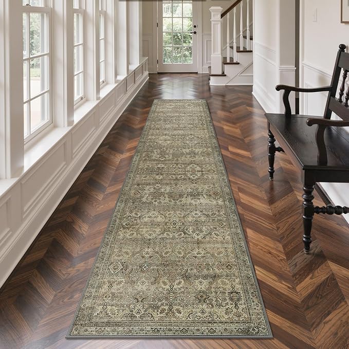 GENIMO 2x10 Runner Rugs for Hallway, Machine Washable Non Slip Vintage Rugs, Low Pile Lightweight Soft Print Rug for enrtyway, Corridor, Home Office, Kitchen, Green Khaki