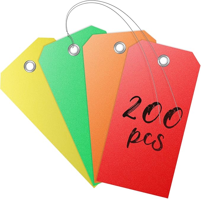 Uniclife 200 Pcs Plastic Tags for Labeling 4 Colors, 4.7"x 2.36" Plastic Shipping Tag with Wire Writable Waterproof Tag Price Tags with Reinforced Eyelet Blank Hang Label for Luggage