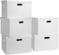 Graciadeco Large 17" 36 Quart Collapsible Stackable Storage Bins with Lids, 5 Packs White Linen Fabric Closet Boxes with Lids, Storage Cube Baskets Container Organizers for Bedroom Office(17 x12 x11)