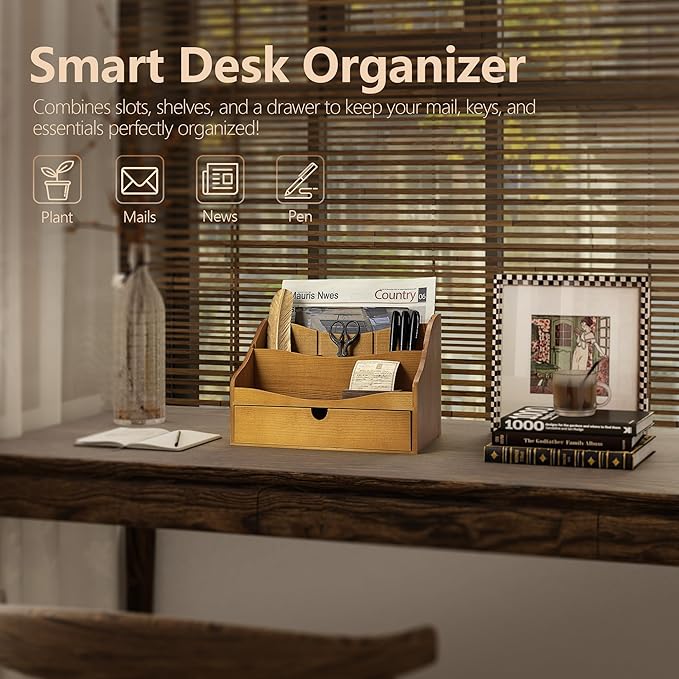 Rebee Vision Pine Wood Mail Organizer for Desk - Rustic Chic with Drawer & Dividers - 4-Slot File Holder & Small Items - Storage Organizer for Charming Home Decor(Yellow)