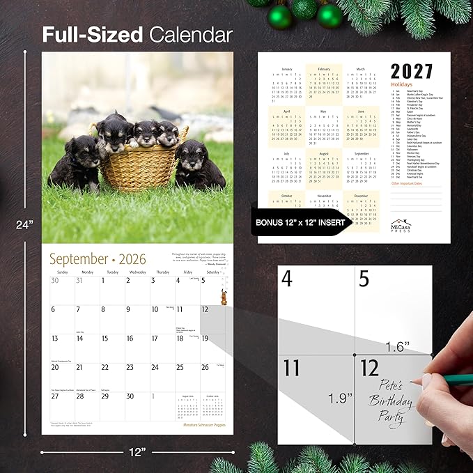 MICASA PRESS Miniature Schnauzer Puppies 2026 Wall Calendar 12 Month | 12" x 24" Open | Thick & Sturdy Paper | Holiday Gift | Cute Puppy Dog Calendar 2026