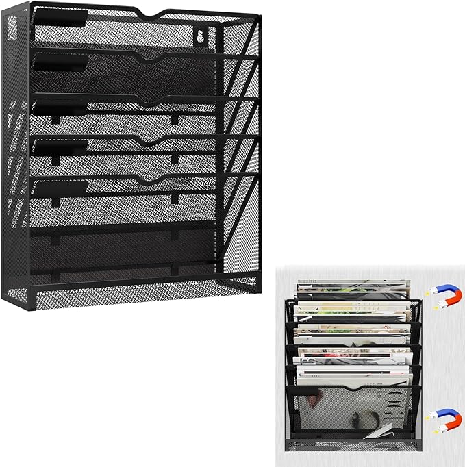 KZWKRG 6 Tier Magnetic File Holder, Large Capacity Mesh Hanging Wall Organizer Vertical Magnetic Hanging File Organizer, Magnetic File Folder Holder for File Cabinets, Office, Whiteboard (Black)