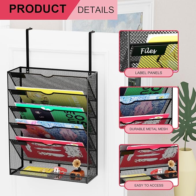 GDINDINFAN 6-Tier Hanging File Organizer Office Cubicle Accessories for Work Organizer Wall Mount File Holder for Mails Folders Papers Magazine Organization, Black