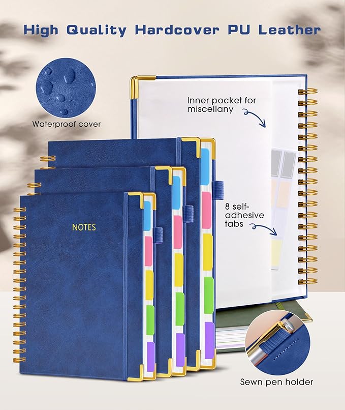 Hardcover Spiral Notebook 8.5"x11" Journal with Removable Dividers Tabs, 300 Pages Leather 5 Subject Notebook College Ruled, Large A4 Notebooks for Work School, Lined Journal for Women, A4 Navy