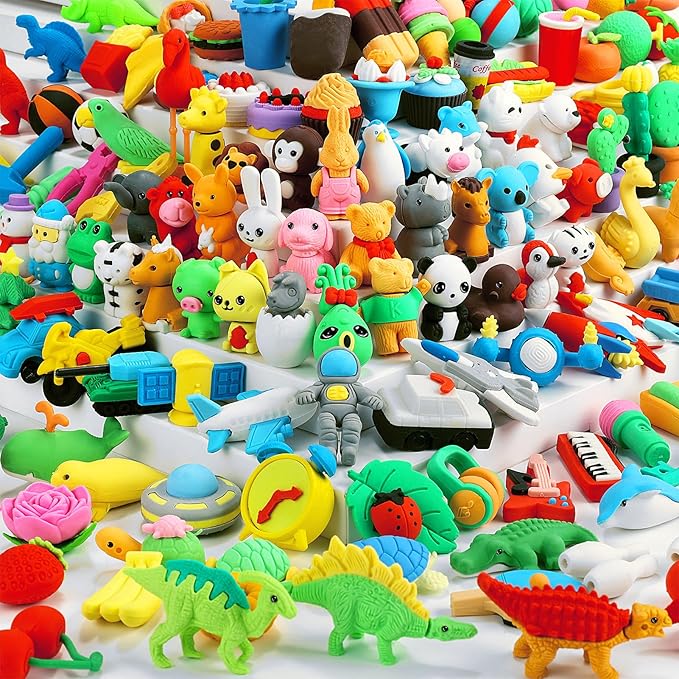 URSKYTOUS 150Pcs Animal Erasers Kids Desk Pets Pencil Erasers 3D Puzzle Bulk Mini Animal Food Eraser Toys Fun Cute Eraser for Classroom Rewards, Game Prizes, Treasure Box, Easter Egg Fillers