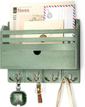 Rebee Vision Pine Wood Mail and Key Organizer for Wall – Farmhouse Mail Organizer Wall Mounted with 7 Sturdy Hooks & Drawer Storage – Apartment Essentials for Stylish Home Decor (Green)