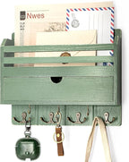 Rebee Vision Pine Wood Mail and Key Organizer for Wall – Farmhouse Mail Organizer Wall Mounted with 7 Sturdy Hooks & Drawer Storage – Apartment Essentials for Stylish Home Decor (Green)