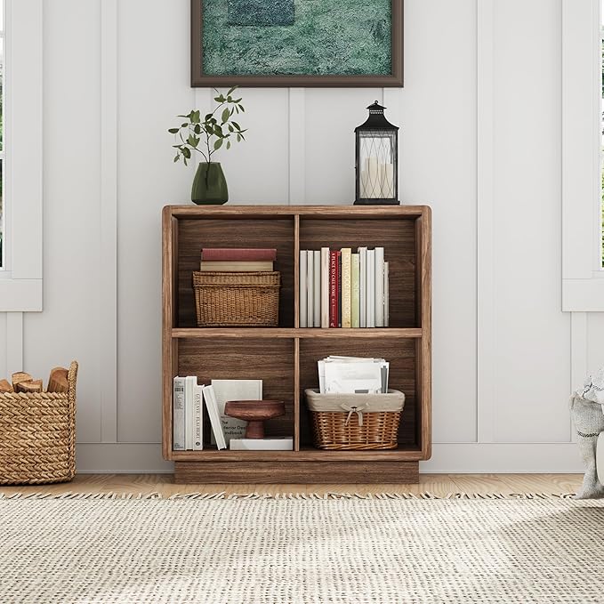 ChooChoo 4 Cube Storage Organizer, Wooden Bookcase with Storage, Cube Storage Bookshelf for Bedroom and Home Office, Brown Walnut