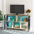 Horizontal Bookshelf,Industrial Modern 5 Cube Low Wide Cubby Bookcase with led Light,Long Wood and Metal Storage Organizer Open Shelf, Short Book Shelf Bedroom Storage for Home Office Living Room(Oak)