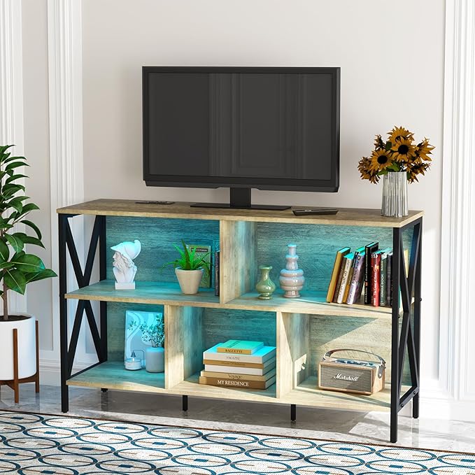 Horizontal Bookshelf,Industrial Modern 5 Cube Low Wide Cubby Bookcase with led Light,Long Wood and Metal Storage Organizer Open Shelf, Short Book Shelf Bedroom Storage for Home Office Living Room(Oak)