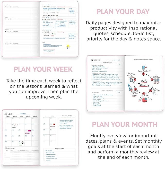 Wyze Planner Undated Daily Planner – 1-Year B5 Productivity Organizer with Two-Page Weekly Spread, Goal Setting, Habit Tracker, Weekly & Monthly Pages – Hardcover Time Management Notebook (Pink)